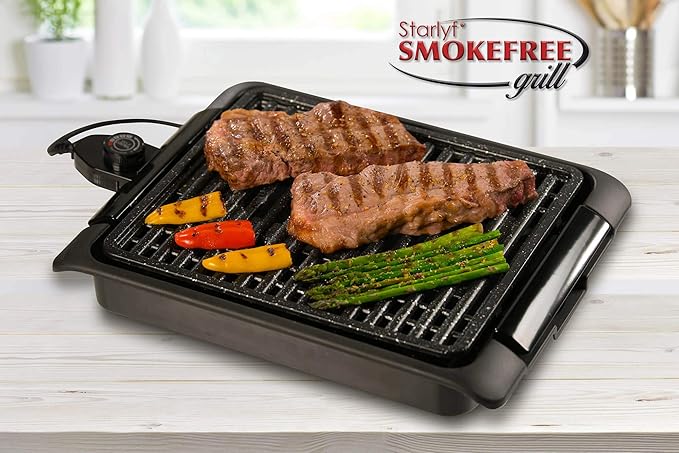 Barbacoa electrica Starlyf Smokefree Grill, Parrilla eléctrica libre de humo y olores,1250 W, Antiadherente, cocción uniforme, cocina carnes y verduras a la parrilla
